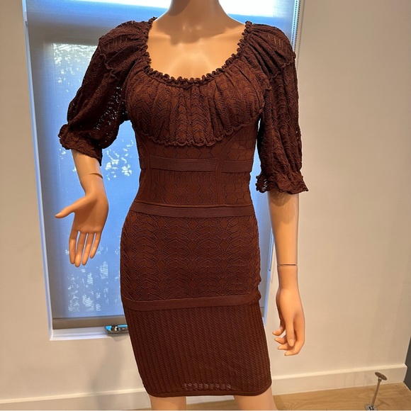 Catherine Malandrino Sz P Brown KNIT FITTED Dress W PUFF SLV CROCHET GREAT COND - Picture 2 of 9